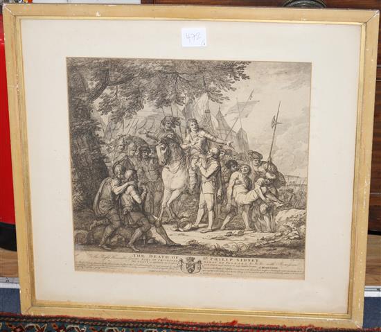 A group of assorted pictures including Bartolozzi after Mortimer, The Death of Sir Philip Sydney, 1815, 39 x 40cm